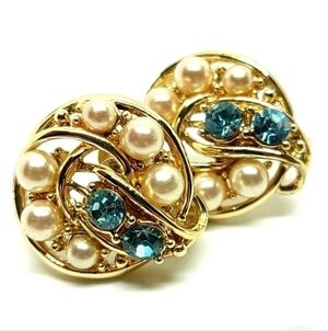 Mint Vintage 1950s Coro Craft Blue Rhinestone Faux Pearl Screw Back Earrings